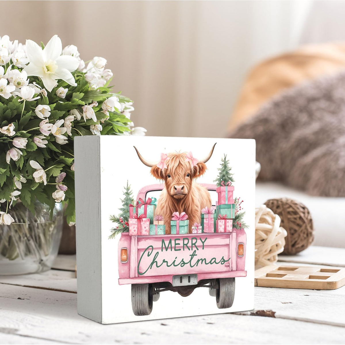 Pink Christmas Highland Cow Wooden Box Sign Desk Decor, Christmas Tree Pickup Truck Highland Cattle