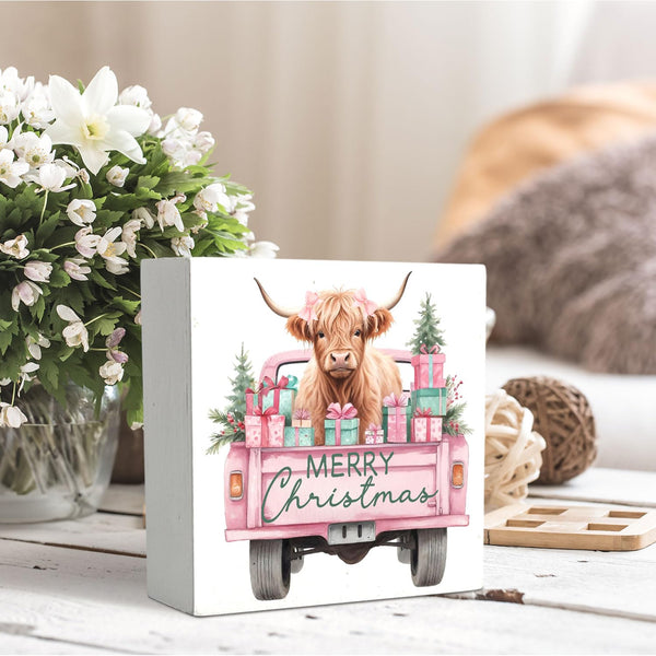 Pink Christmas Highland Cow Wooden Box Sign Desk Decor, Christmas Tree Pickup Truck Highland Cattle