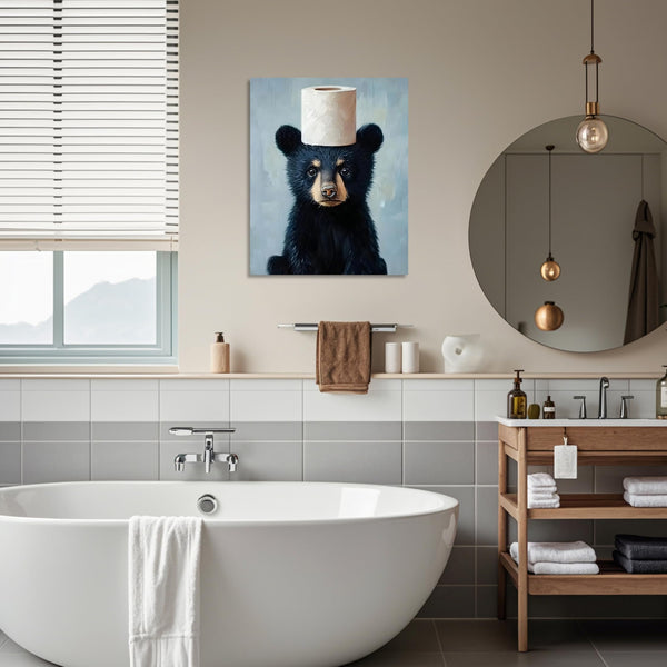 Bear Bathroom Canvas Wall Art Funny Animals Bathroom Pictures Black Bear Toilet Paper Painting Animals Bathroom Poster for Bathroom