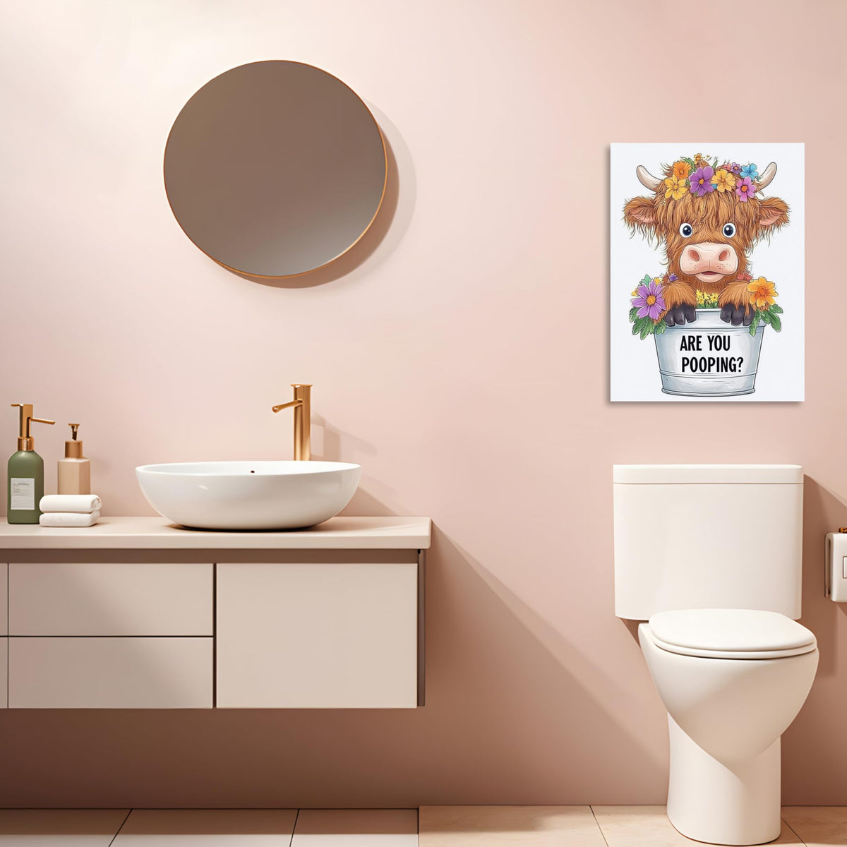 Highland Cow Bathroom Canvas Wall Art Funny Animals Bathroom Pictures Cute Cow Toilet Painting Are You Pooping Wall Art