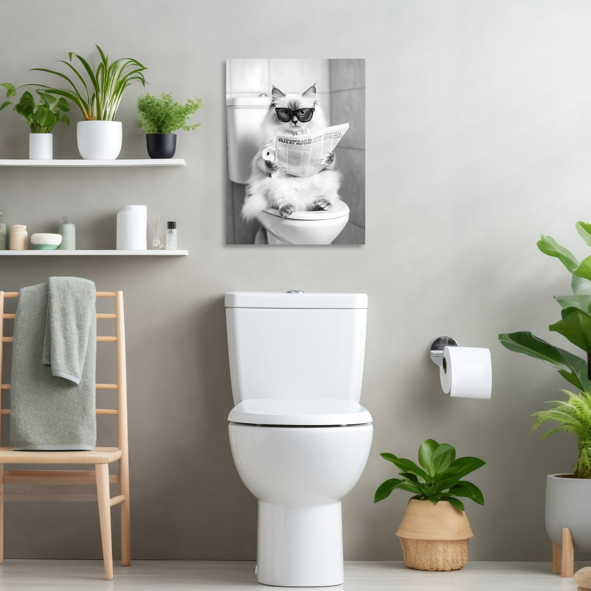 Cat Bathroom Canvas Wall Art Funny Animal Bathroom Wall Art Ragdoll Cat on the Toilet Bathroom Painting