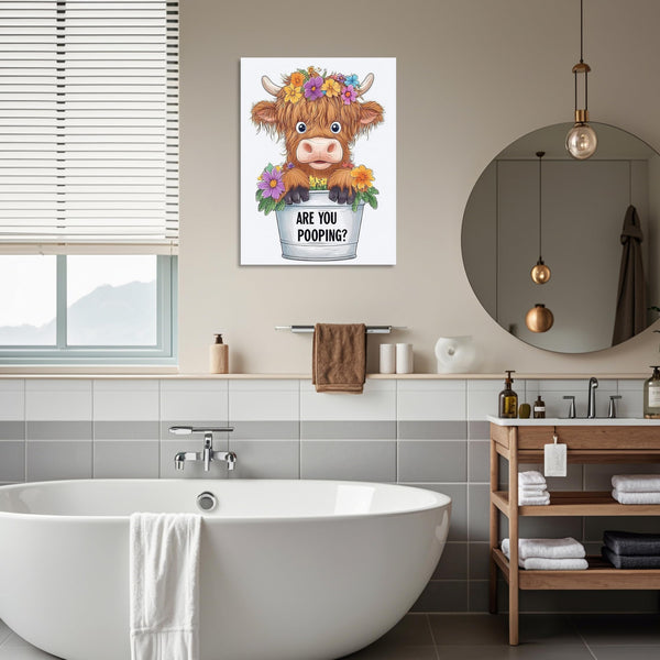 Highland Cow Bathroom Canvas Wall Art Funny Animals Bathroom Pictures Cute Cow Toilet Painting Are You Pooping Wall Art
