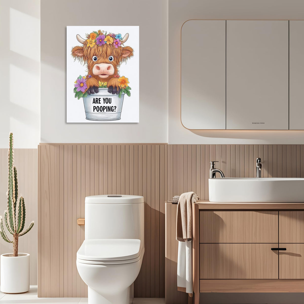 Highland Cow Bathroom Canvas Wall Art Funny Animals Bathroom Pictures Cute Cow Toilet Painting Are You Pooping Wall Art
