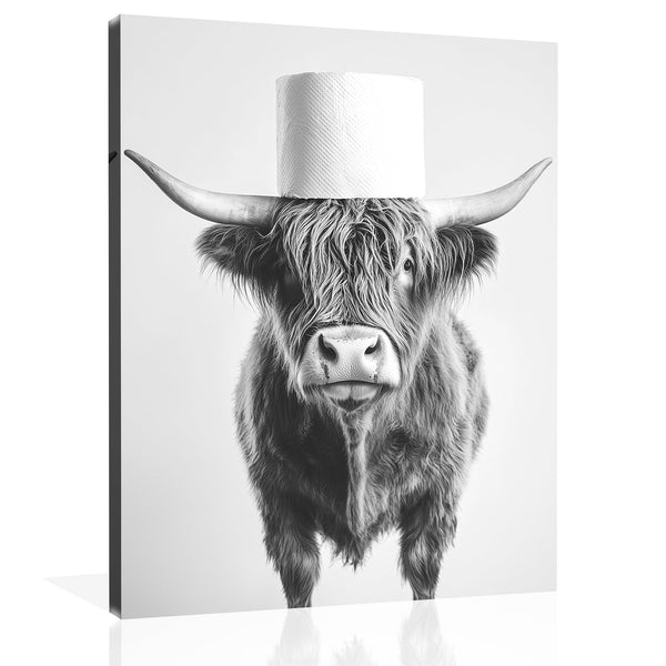 Highland Cow Bathroom Canvas Wall Art Funny Animal Bathroom Wall Art Cow Toilet Paper Bathroom Painting