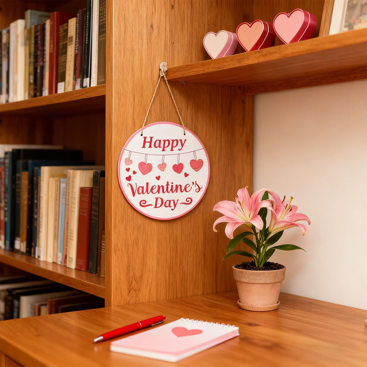 Valentines Door Hanger, Happy Valentines Day Sign for Front Door Decor, Red Pink Love Hearts Wood Door Hanger for Outdoor Porch