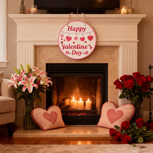 Valentines Door Hanger, Happy Valentines Day Sign for Front Door Decor, Red Pink Love Hearts Wood Door Hanger for Outdoor Porch