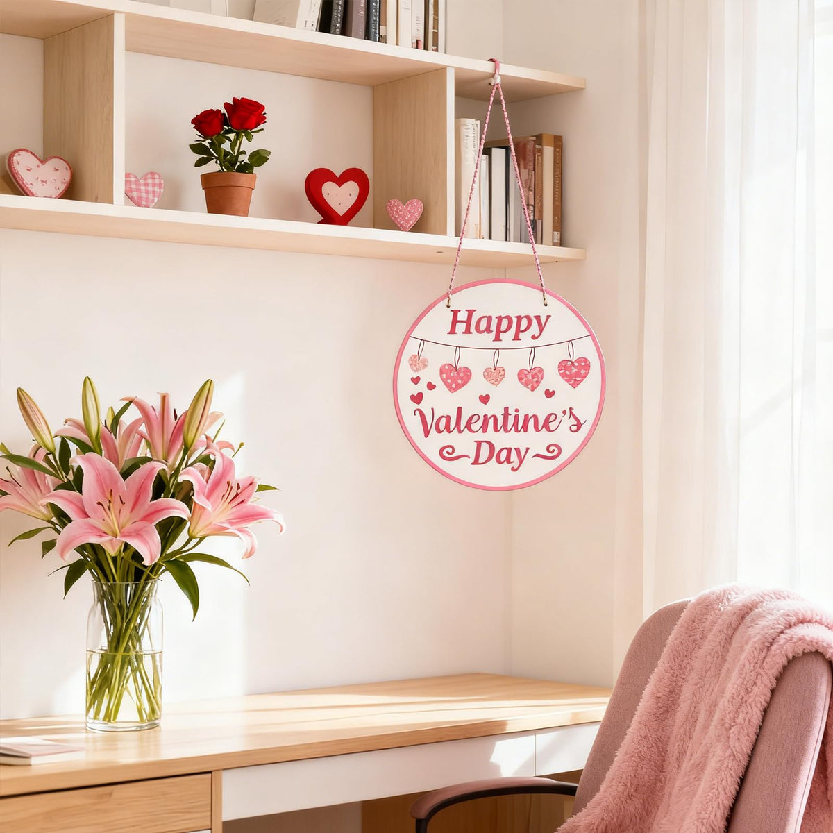 Valentines Door Hanger, Happy Valentines Day Sign for Front Door Decor, Red Pink Love Hearts Wood Door Hanger for Outdoor Porch