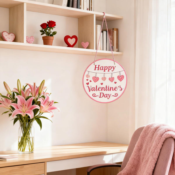 Valentines Door Hanger, Happy Valentines Day Sign for Front Door Decor, Red Pink Love Hearts Wood Door Hanger for Outdoor Porch