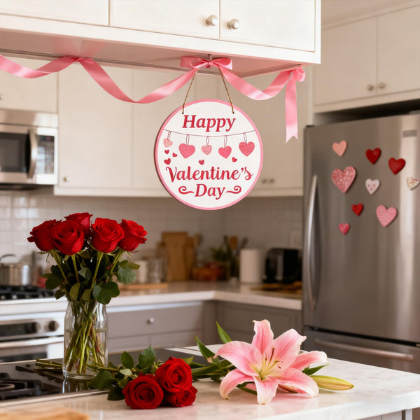 Valentines Door Hanger, Happy Valentines Day Sign for Front Door Decor, Red Pink Love Hearts Wood Door Hanger for Outdoor Porch