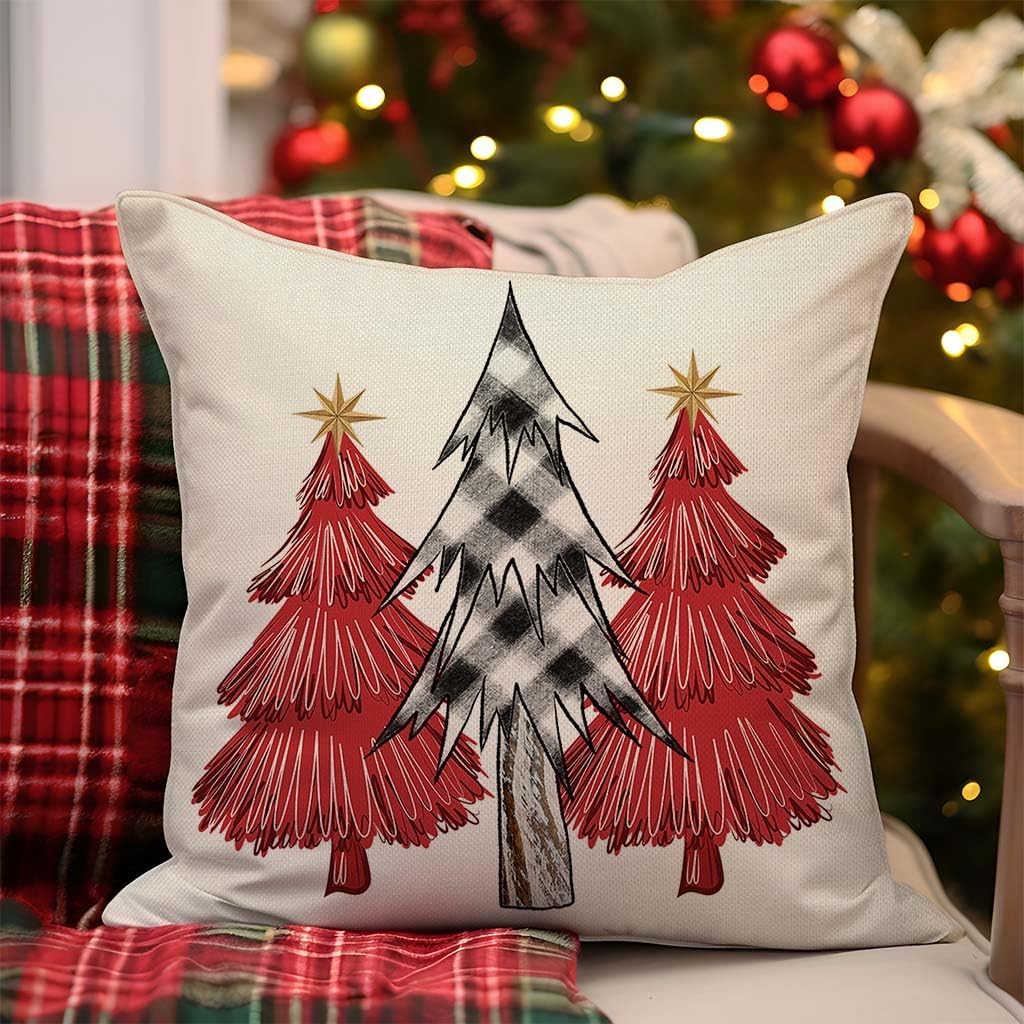 Christmas Pillow Covers 18x18 Inch Set of 2 Black Buffalo Check Red Pink Christmas Tree