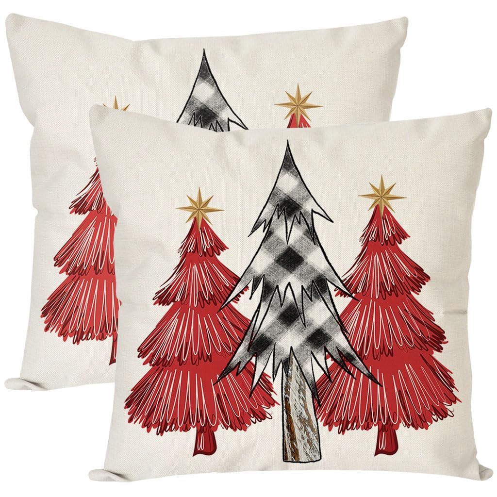Christmas Pillow Covers 18x18 Inch Set of 2 Black Buffalo Check Red Pink Christmas Tree