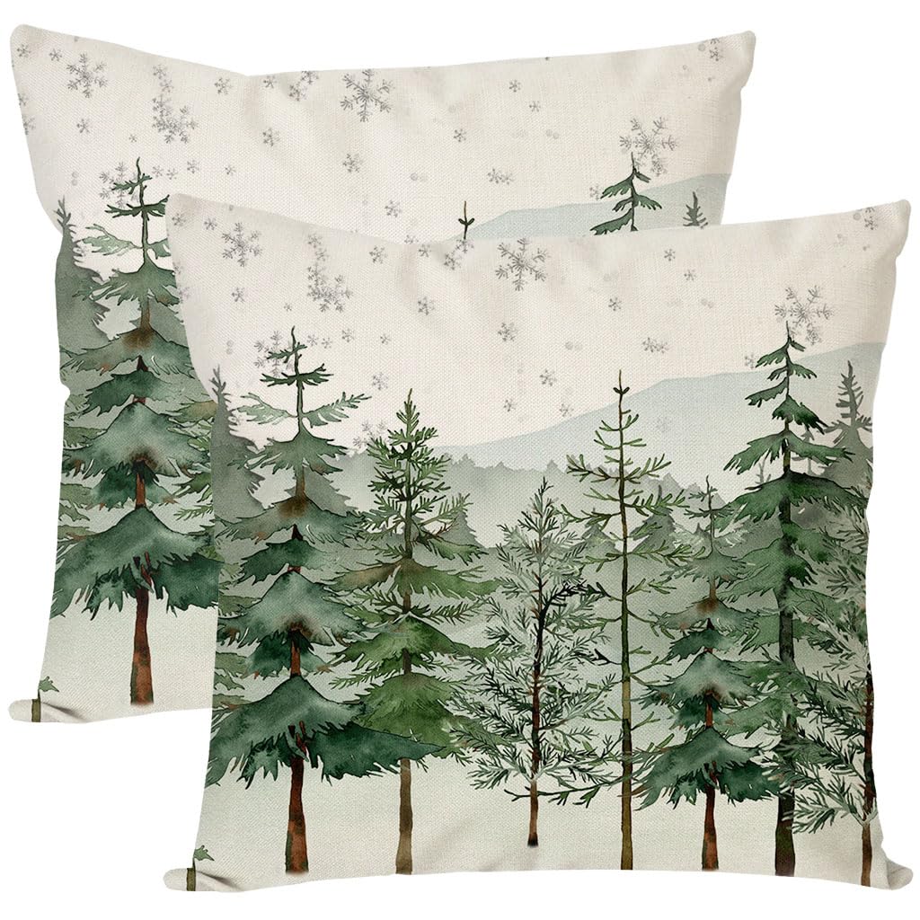 Christmas Pillow Covers 18x18 Inch Set of 2 Christmas Tree Decorative Throw Pillow Cases Natural Forest Green