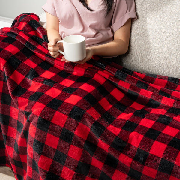 Black and Red Buffalo Plaid Fleece Throw Blanket for Couch, Soft Checkered Flannel Blanket for Sofa, Plaid Christmas Couch
