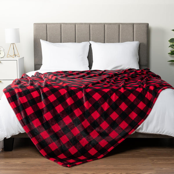 Black and Red Buffalo Plaid Fleece Throw Blanket for Couch, Soft Checkered Flannel Blanket for Sofa, Plaid Christmas Couch