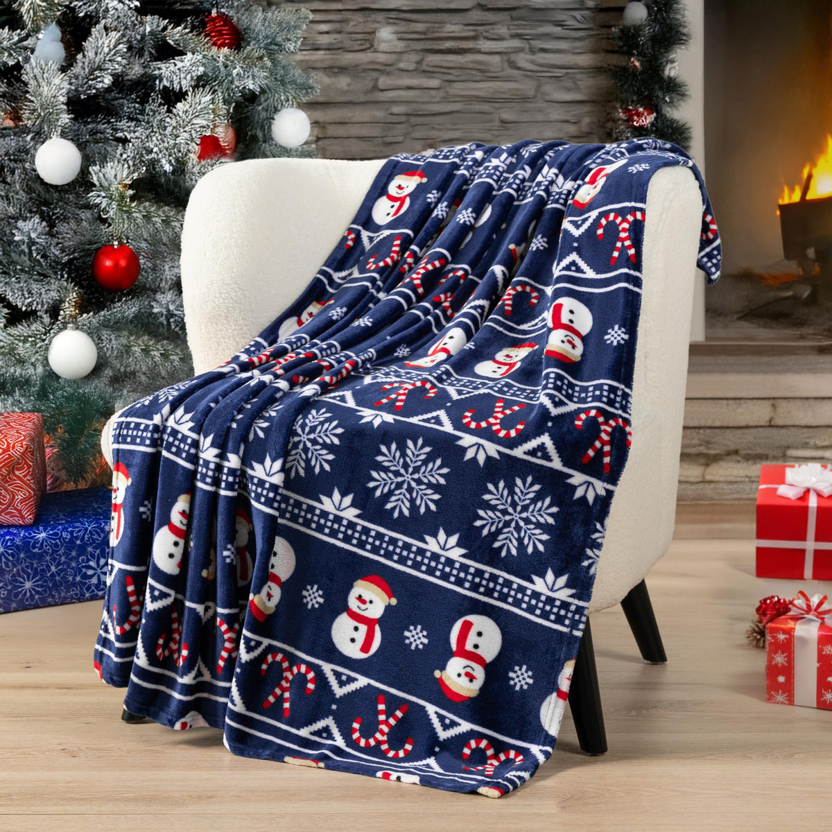 Christmas Snowman Throw Blanket | Blue Holiday Christmas Fleece Blanket