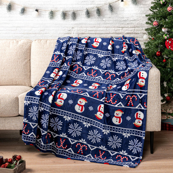 Christmas Snowman Throw Blanket | Blue Holiday Christmas Fleece Blanket