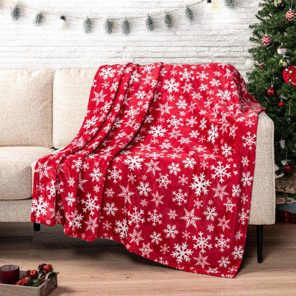 Christmas Throw Blanket | Red Snowflake Christmas Fleece Blanket