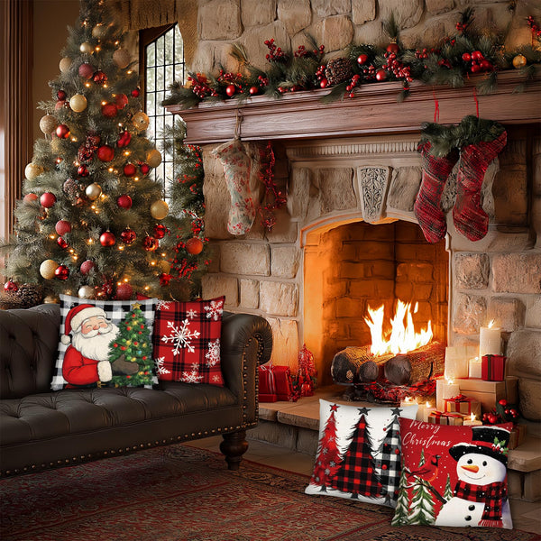 Christmas Throw Pillow Covers 18x18 Inch Set of 4, Square Winter Christmas Holiday Decorative Cushion Case