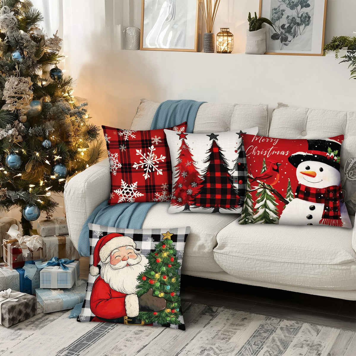 Christmas Throw Pillow Covers 18x18 Inch Set of 4, Square Winter Christmas Holiday Decorative Cushion Case