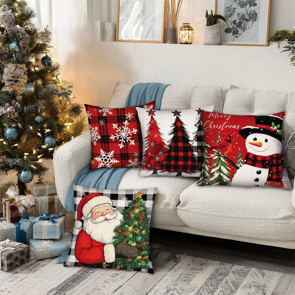 Christmas Throw Pillow Covers 18x18 Inch Set of 4, Square Winter Christmas Holiday Decorative Cushion Case