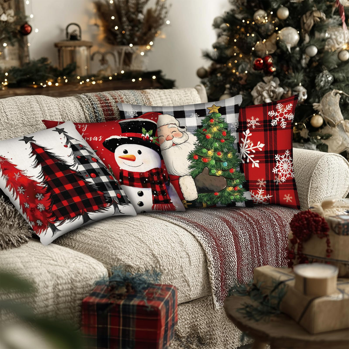 Christmas Throw Pillow Covers 18x18 Inch Set of 4, Square Winter Christmas Holiday Decorative Cushion Case