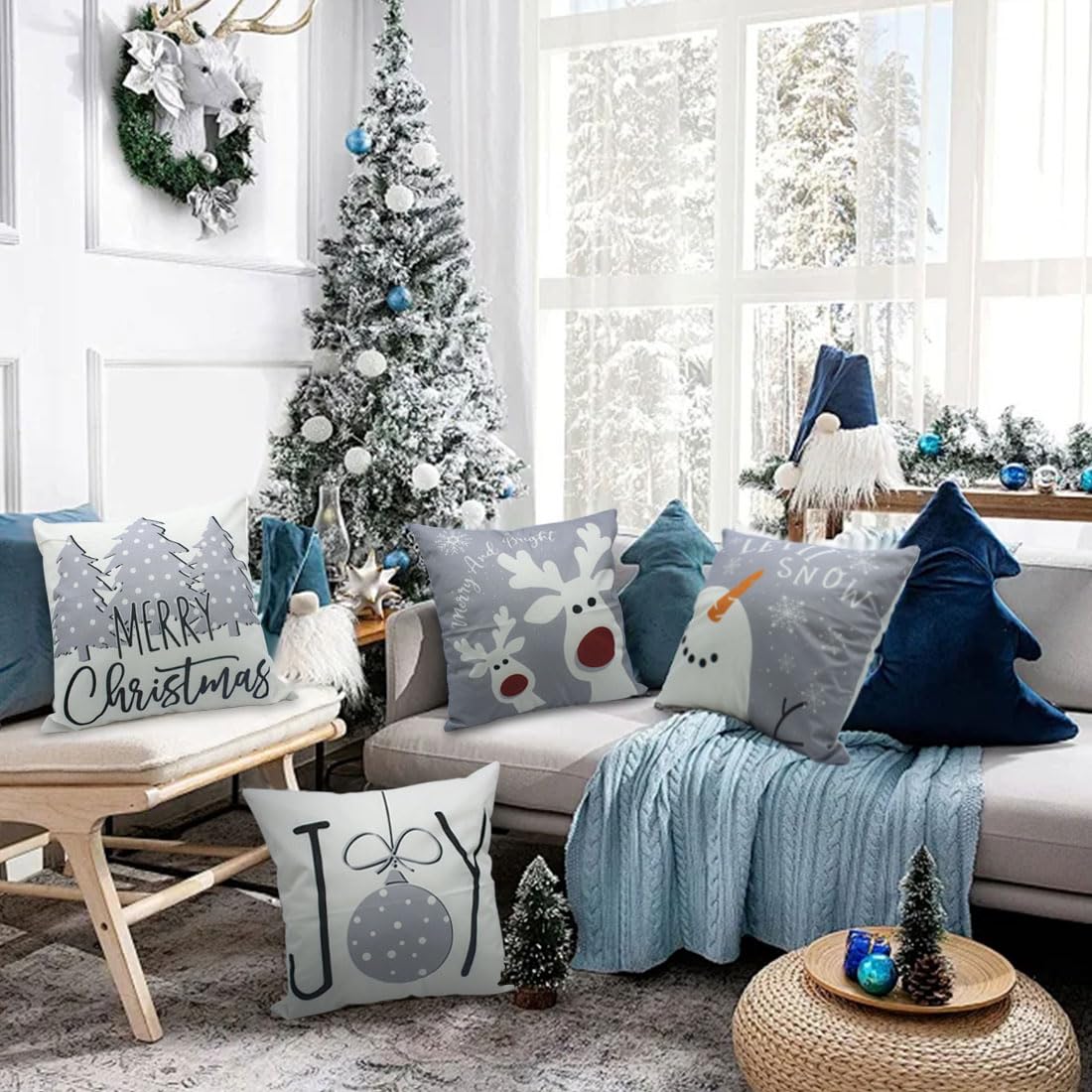 Velvet Christmas Pillow Covers 18x18 Set of 4 Christmas Decorations Snowman Deer Tree