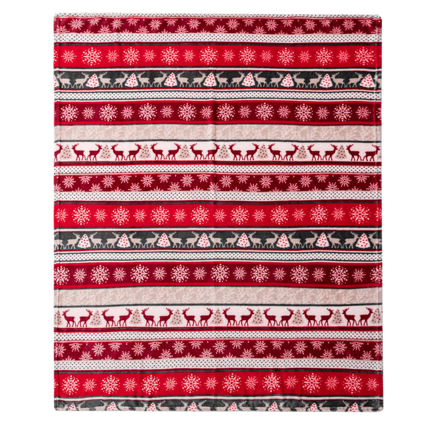 Holiday Reindeer Snowflakes Fleece Throw Blanket | Soft, Plush, Warm Winter Cabin Throw, 50x60, Red