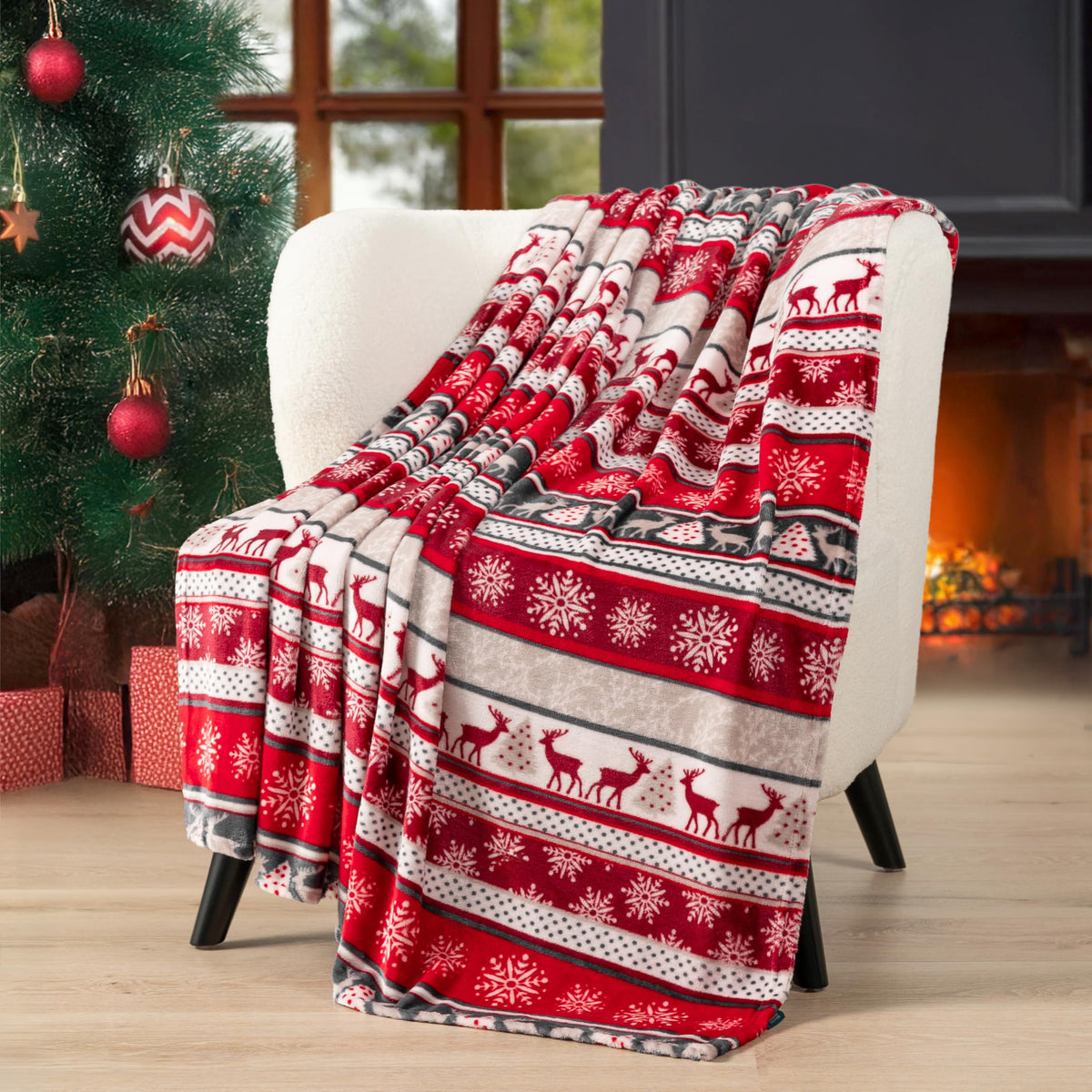 Holiday Reindeer Snowflakes Fleece Throw Blanket | Soft, Plush, Warm Winter Cabin Throw, 50x60, Red