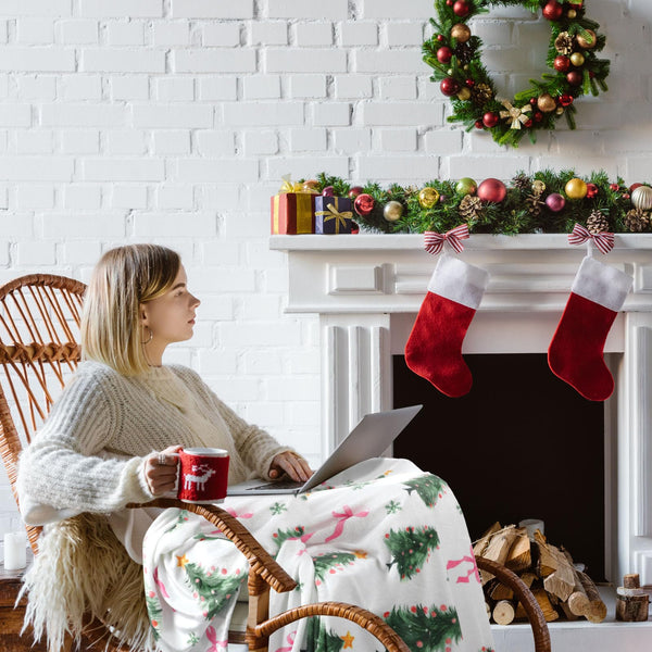 Pink Bow Christmas Tree Flannel Throw Blanket Pastel Soft Fuzzy Plush Cozy Fleece Blanket 50 x 60 Inch Coquette Bows