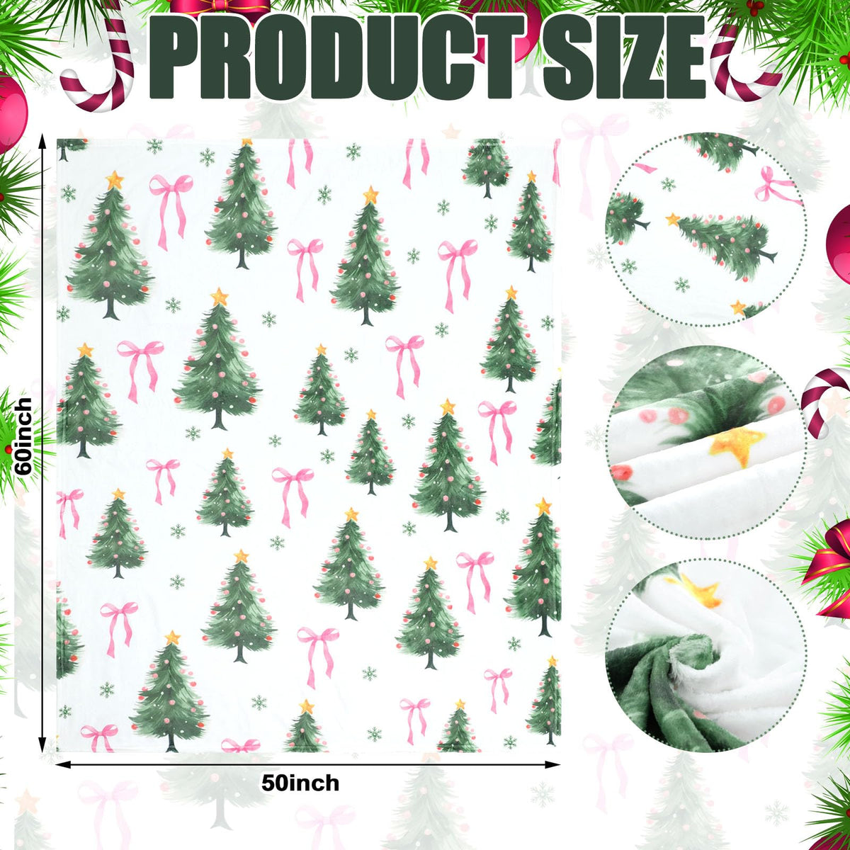 Pink Bow Christmas Tree Flannel Throw Blanket Pastel Soft Fuzzy Plush Cozy Fleece Blanket 50 x 60 Inch Coquette Bows