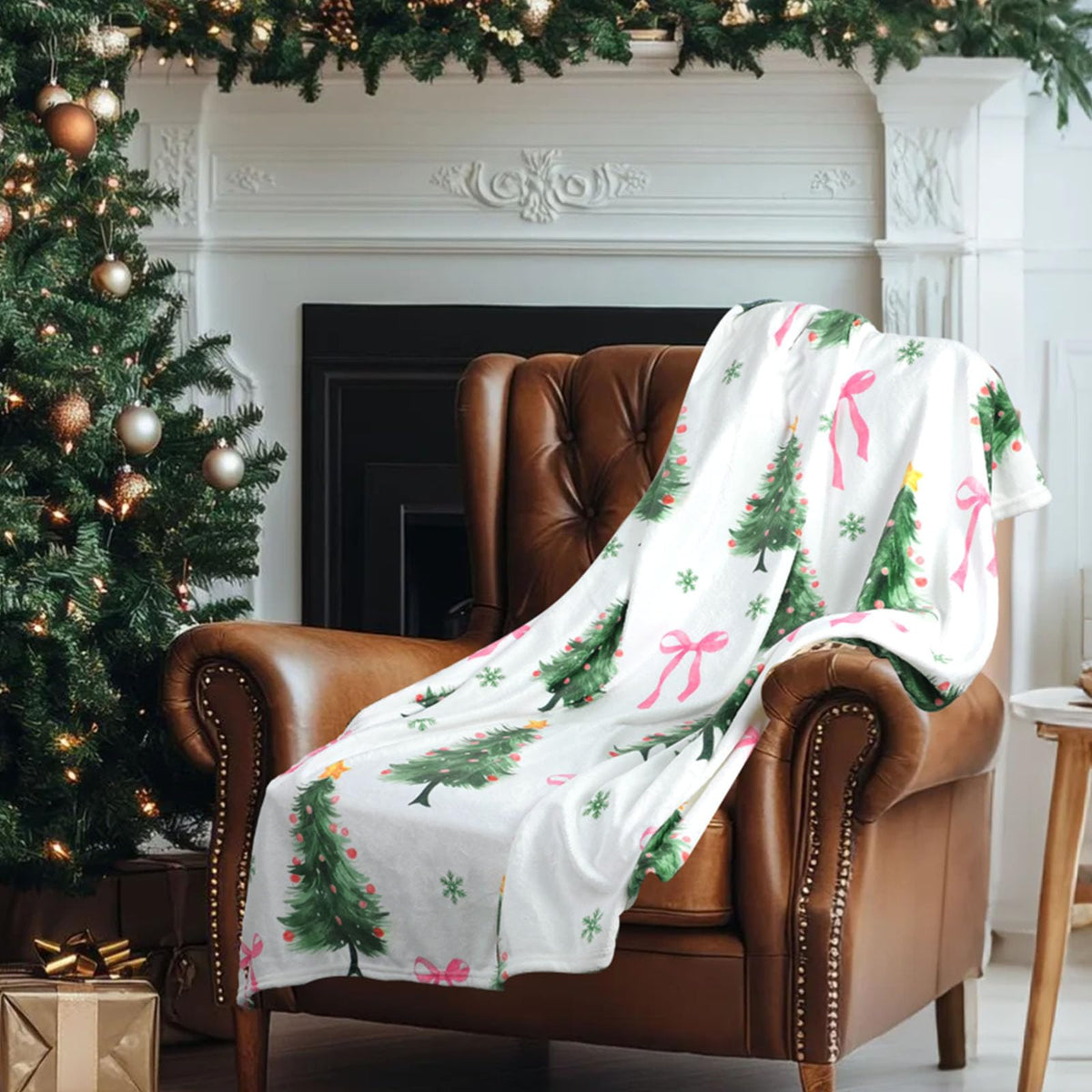 Pink Bow Christmas Tree Flannel Throw Blanket Pastel Soft Fuzzy Plush Cozy Fleece Blanket 50 x 60 Inch Coquette Bows
