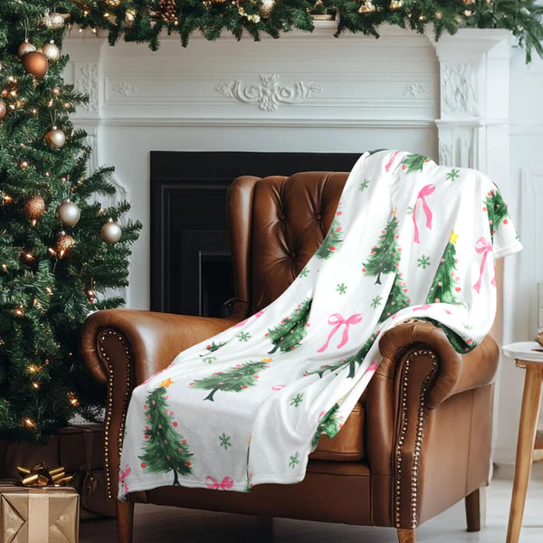 Pink Bow Christmas Tree Flannel Throw Blanket Pastel Soft Fuzzy Plush Cozy Fleece Blanket 50 x 60 Inch Coquette Bows