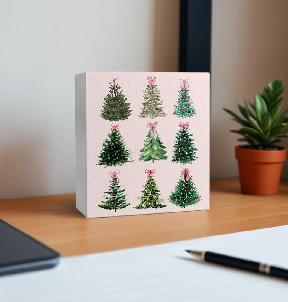 Pink Christmas Decor, Coquette Pink Bow Christmas Tree Wooden Box Sign, Coquette Christmas Decor