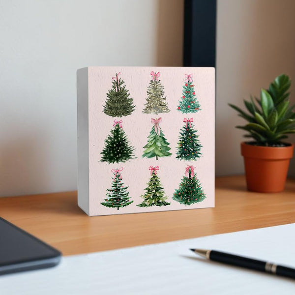 Pink Christmas Decor, Coquette Pink Bow Christmas Tree Wooden Box Sign, Coquette Christmas Decor