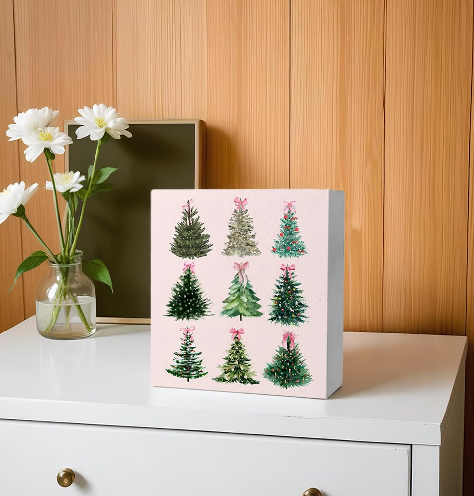 Pink Christmas Decor, Coquette Pink Bow Christmas Tree Wooden Box Sign, Coquette Christmas Decor
