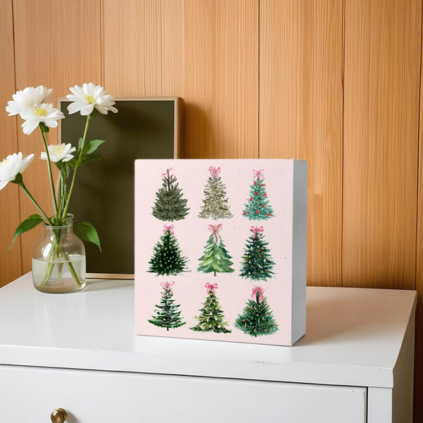 Pink Christmas Decor, Coquette Pink Bow Christmas Tree Wooden Box Sign, Coquette Christmas Decor