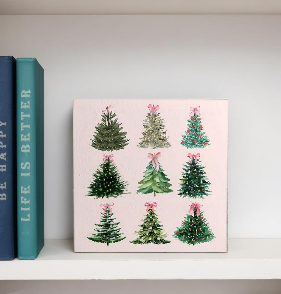 Pink Christmas Decor, Coquette Pink Bow Christmas Tree Wooden Box Sign, Coquette Christmas Decor