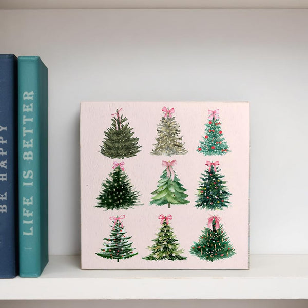 Pink Christmas Decor, Coquette Pink Bow Christmas Tree Wooden Box Sign, Coquette Christmas Decor