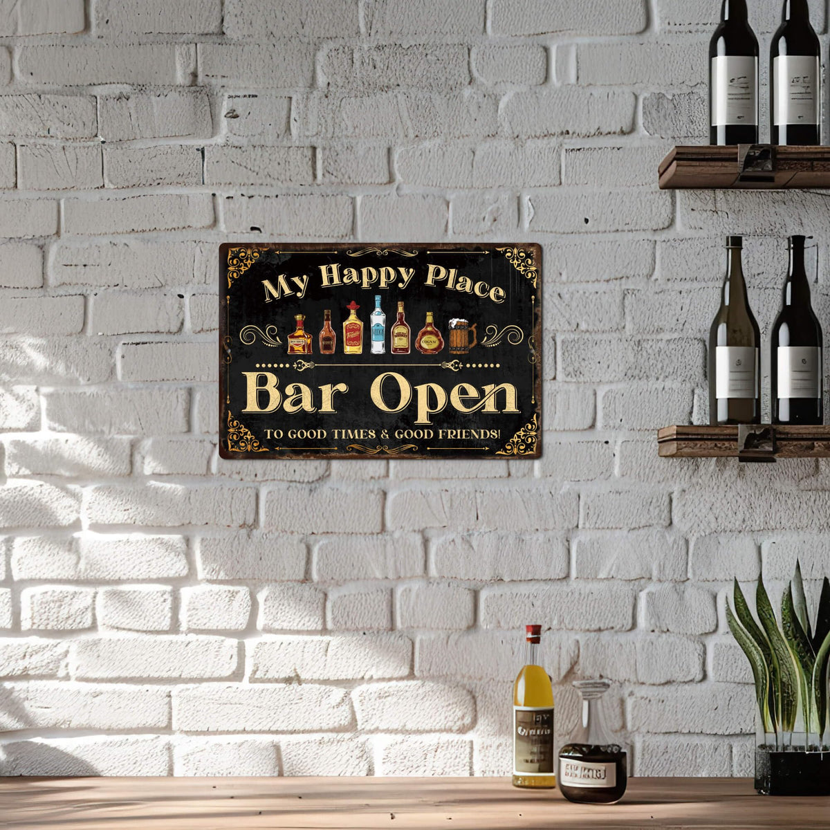 Home Bar Sign, Retro Metal Tin Sign, My Happy Place Bar Open, 12 x 8 Inches
