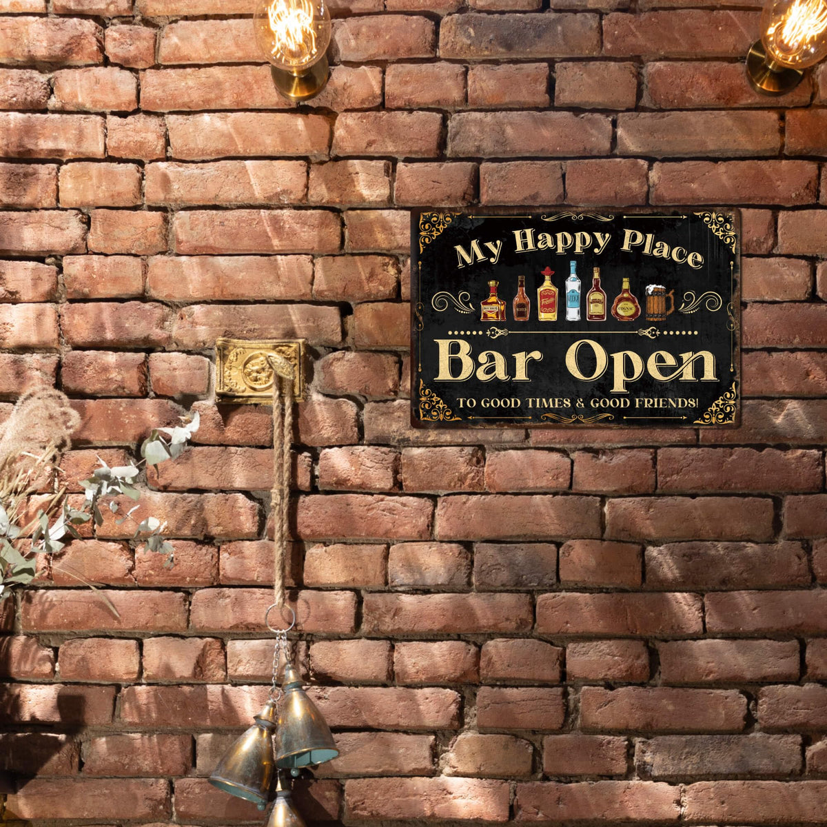 Home Bar Sign, Retro Metal Tin Sign, My Happy Place Bar Open, 12 x 8 Inches