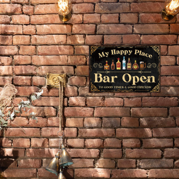 Home Bar Sign, Retro Metal Tin Sign, My Happy Place Bar Open, 12 x 8 Inches