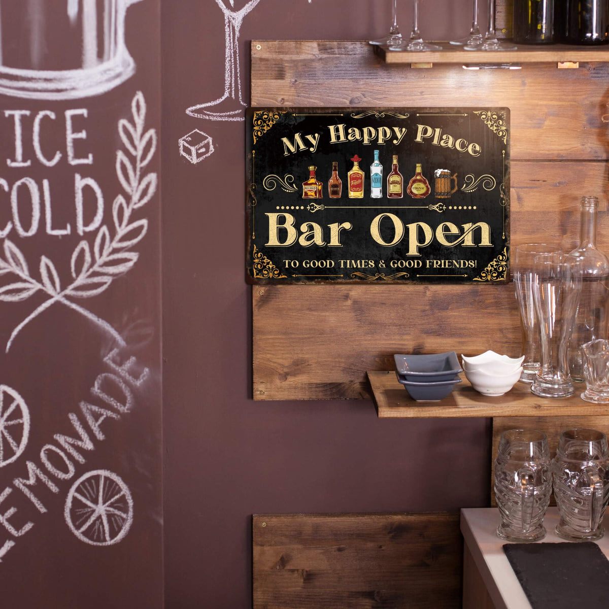 Home Bar Sign, Retro Metal Tin Sign, My Happy Place Bar Open, 12 x 8 Inches