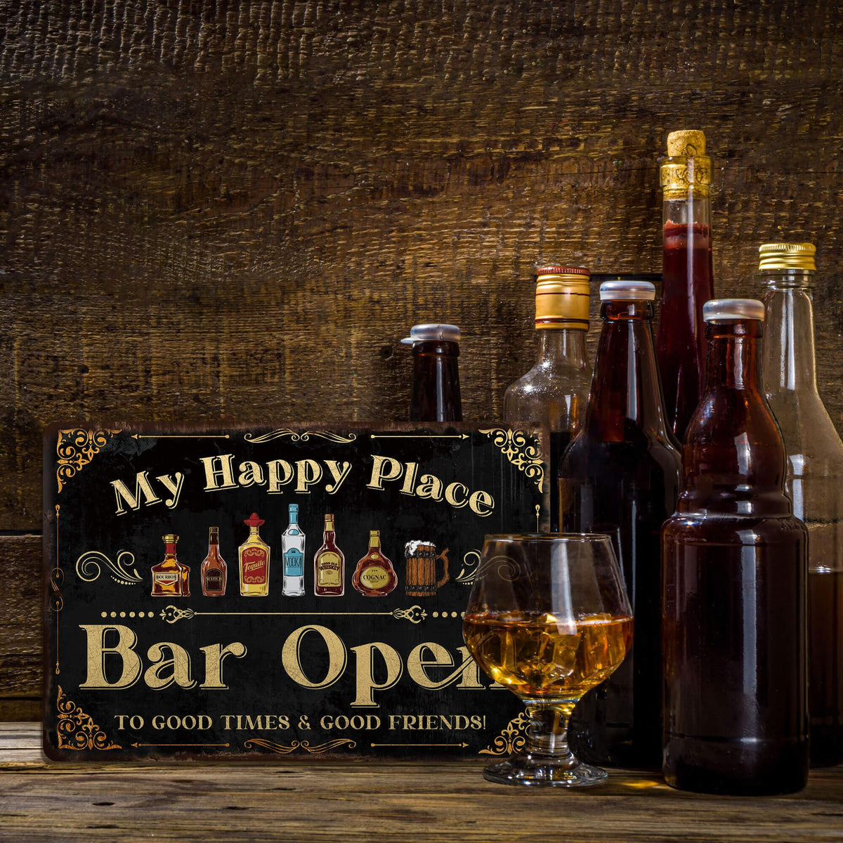 Home Bar Sign, Retro Metal Tin Sign, My Happy Place Bar Open, 12 x 8 Inches
