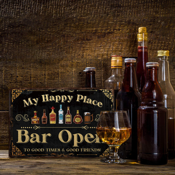 Home Bar Sign, Retro Metal Tin Sign, My Happy Place Bar Open, 12 x 8 Inches