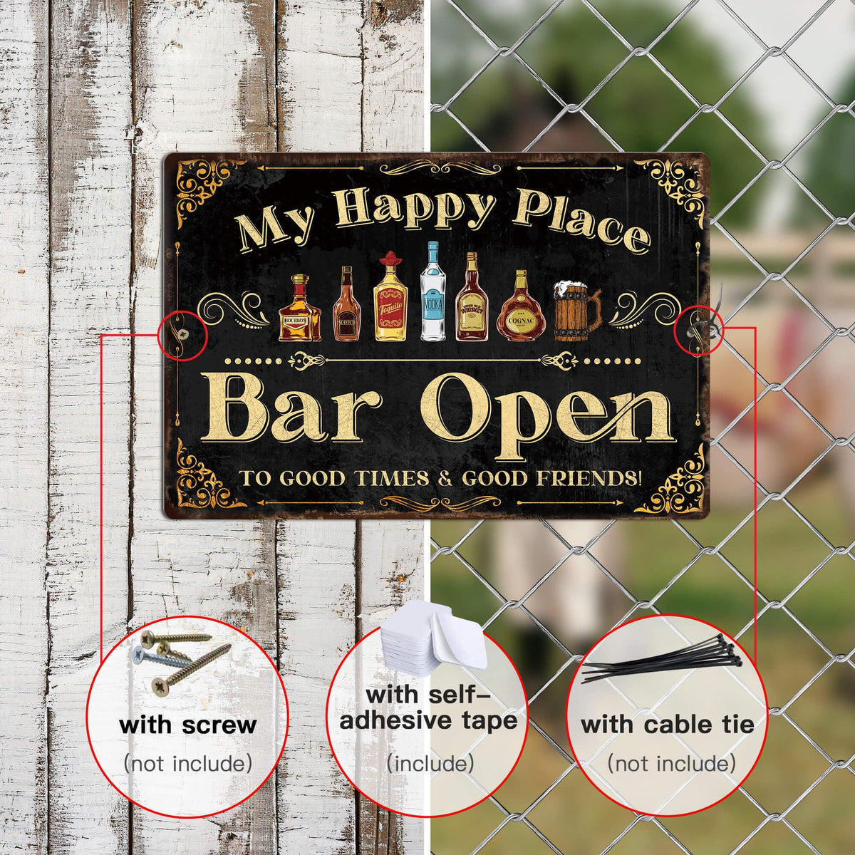 Home Bar Sign, Retro Metal Tin Sign, My Happy Place Bar Open, 12 x 8 Inches