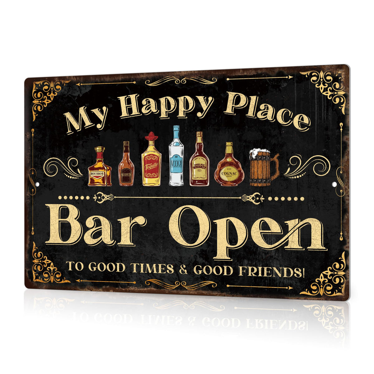 Home Bar Sign, Retro Metal Tin Sign, My Happy Place Bar Open, 12 x 8 Inches