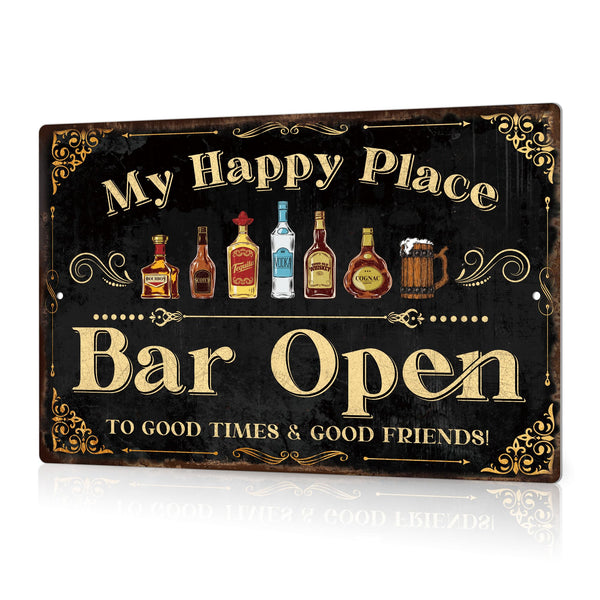 Home Bar Sign, Retro Metal Tin Sign, My Happy Place Bar Open, 12 x 8 Inches