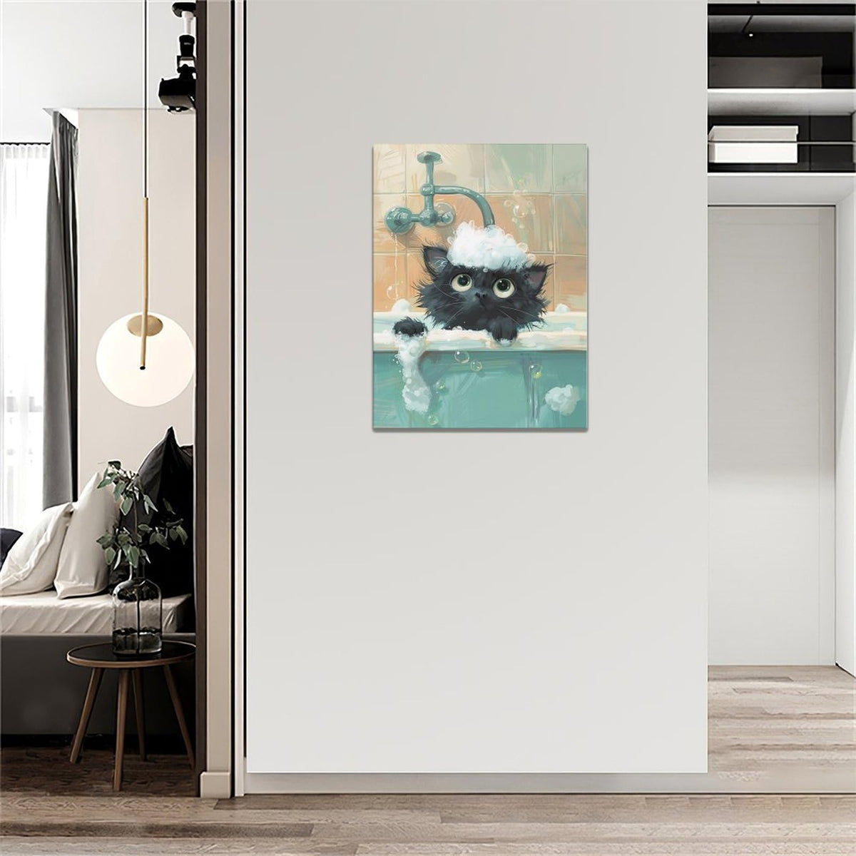 Cat Bathroom Wall Art Cute Black Cat Pictures Farmhouse Rustic Bathtub Wall Decor Canvas Print Painting Artwork