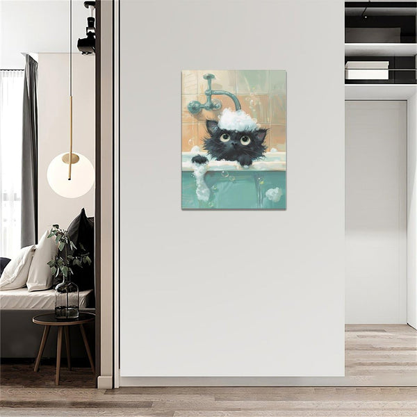Cat Bathroom Wall Art Cute Black Cat Pictures Farmhouse Rustic Bathtub Wall Decor Canvas Print Painting Artwork