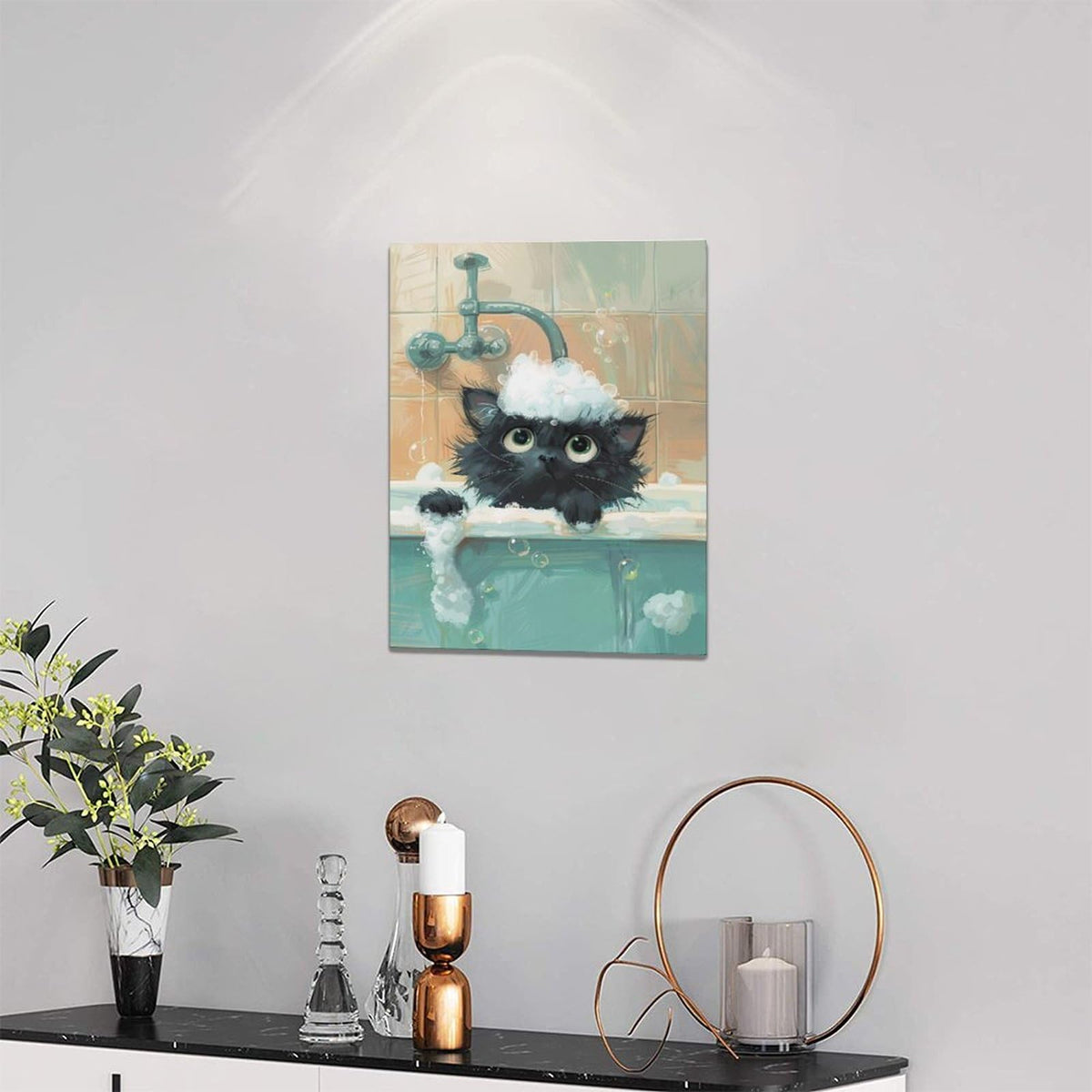 Cat Bathroom Wall Art Cute Black Cat Pictures Farmhouse Rustic Bathtub Wall Decor Canvas Print Painting Artwork